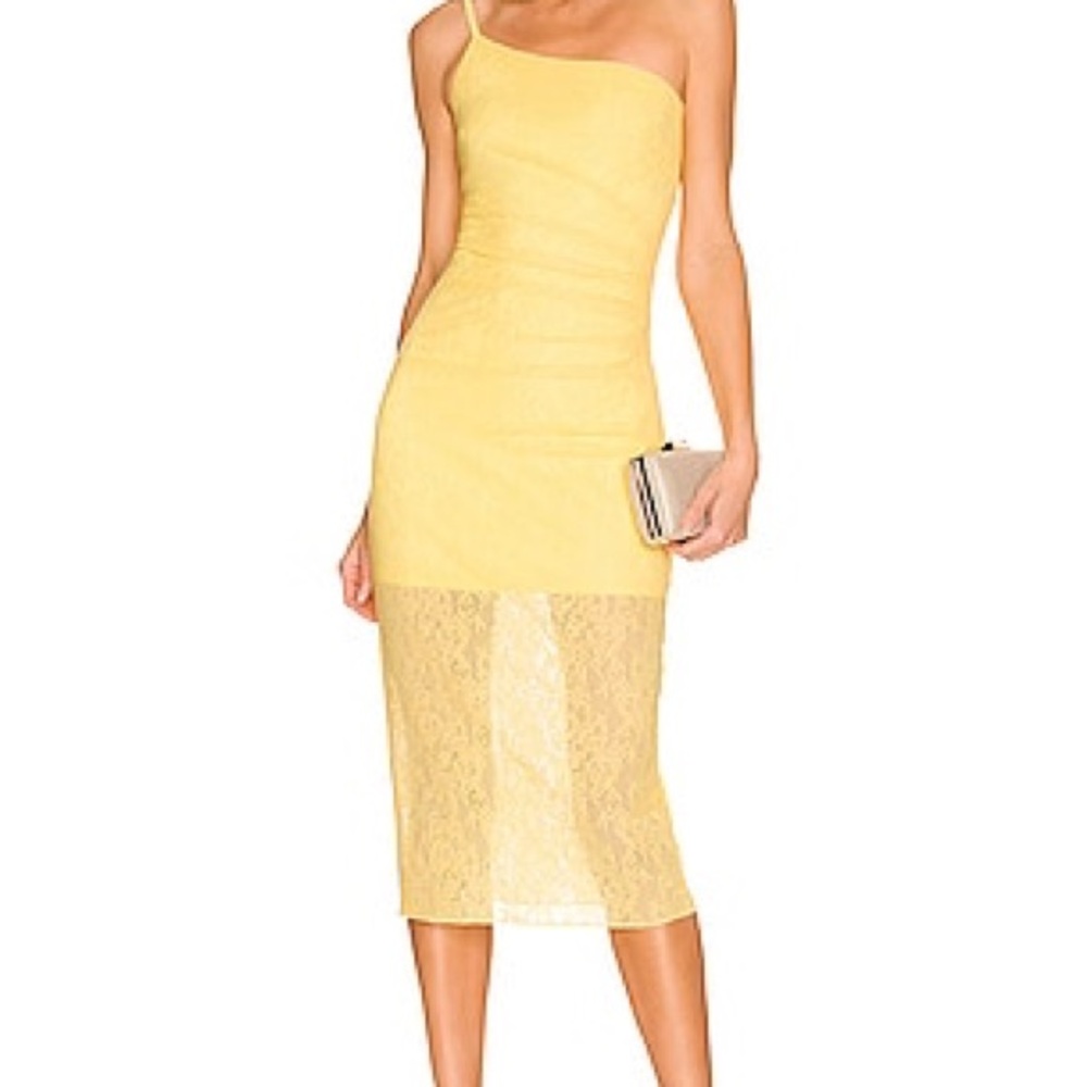 NBD One-Shoulder Yellow Lace Midi Dress